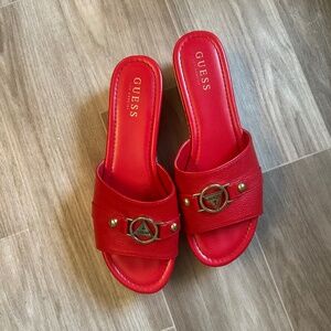 GUESS Red Slide Sandals – Gold Logo Detail – Size 9